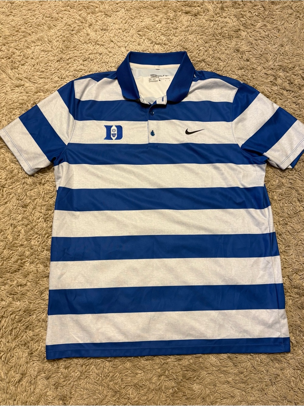 Nike Blue and White Striped Polo with Duke Logo